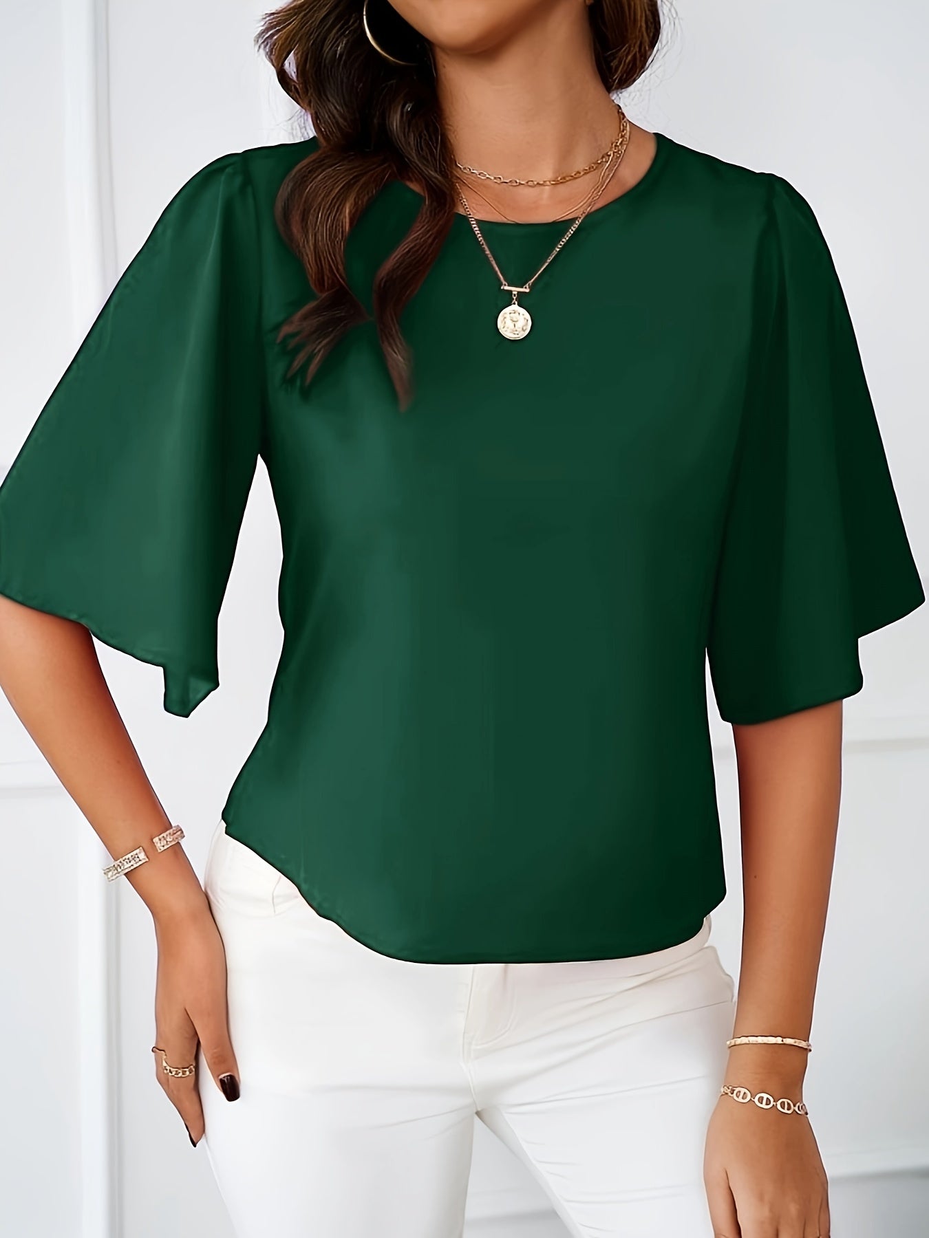 Solid Crew Neck Blouse, Elegant Ruffle Sleeve Blouse, Women's Clothing