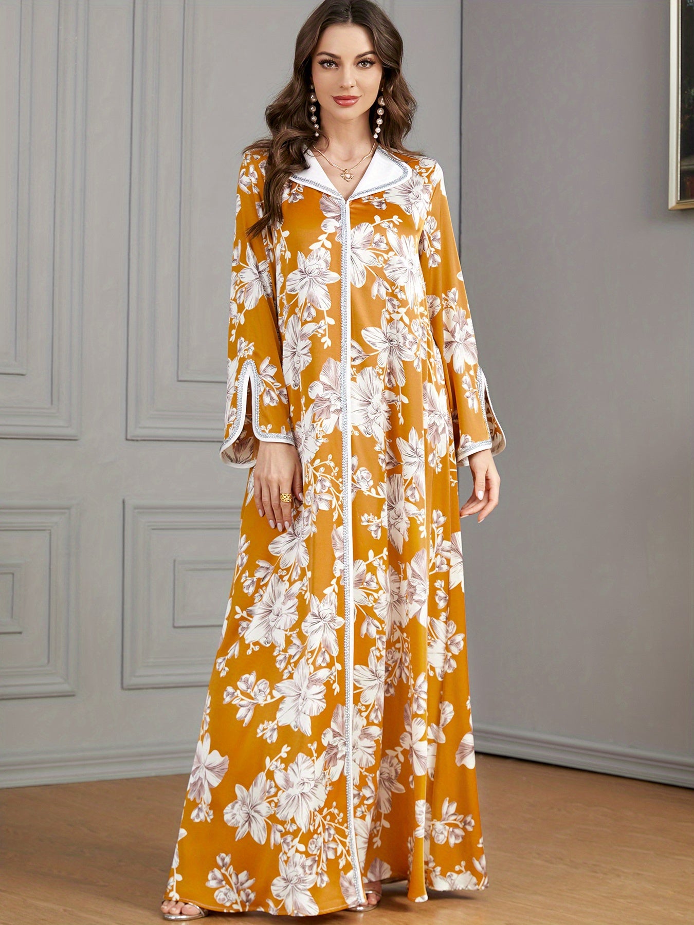 Floral Print Maxi Kaftan Dress, Elegant Split Long Sleeve Dress