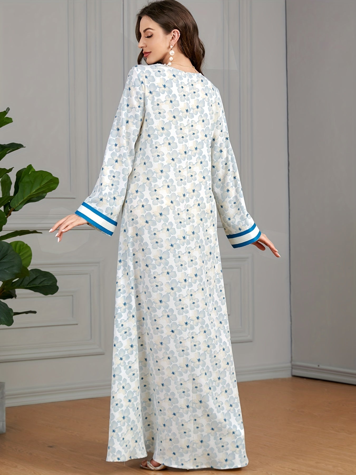 Ramadan Floral Print Contrast Trim Kaftan Dress