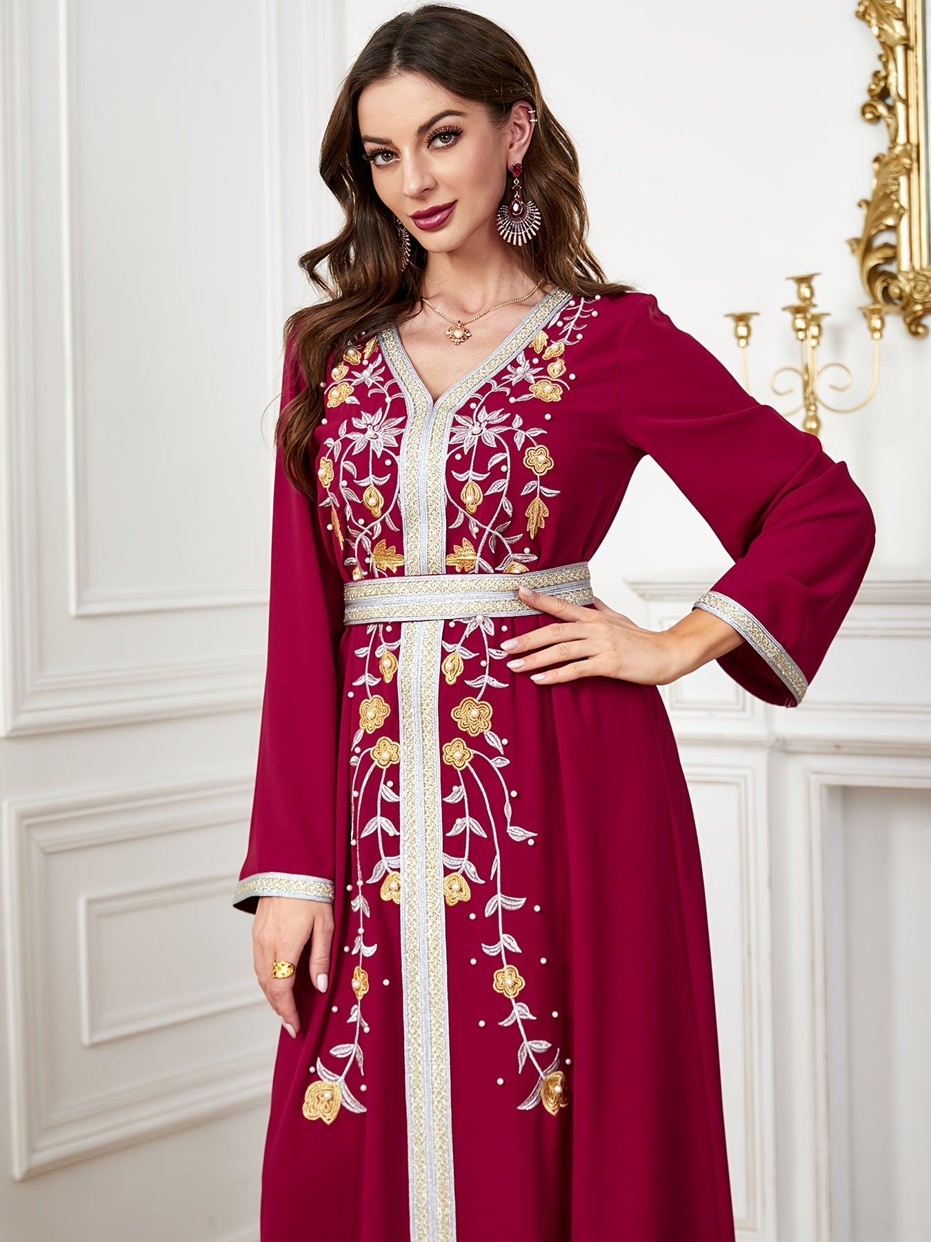 Floral Pattern V Neck Kaftan, Elegant Long Sleeve Belted Maxi Dress