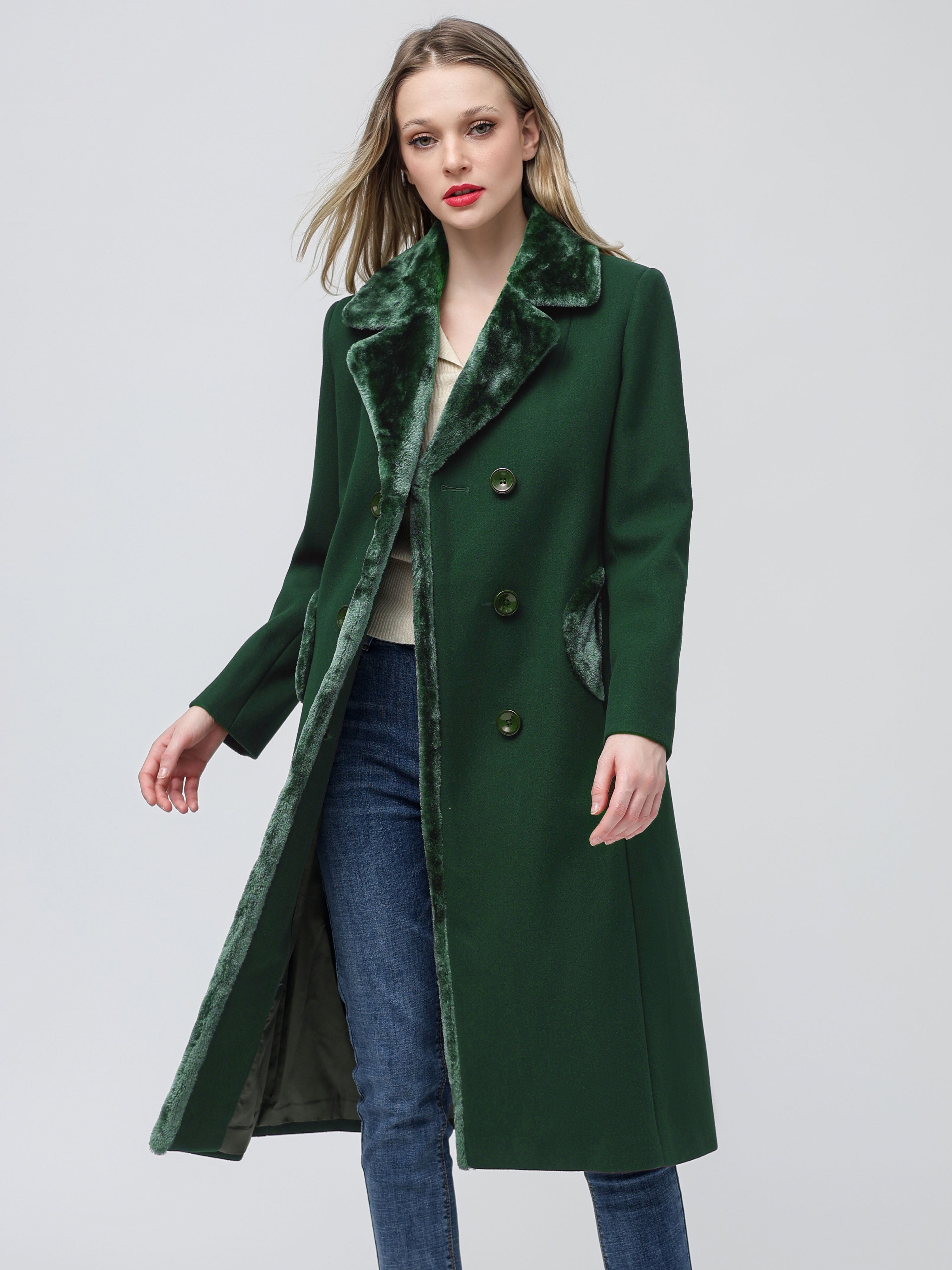 Women's Big Notch Lapel Double Breasted Mid-Long Wool Blend Coat Jackets