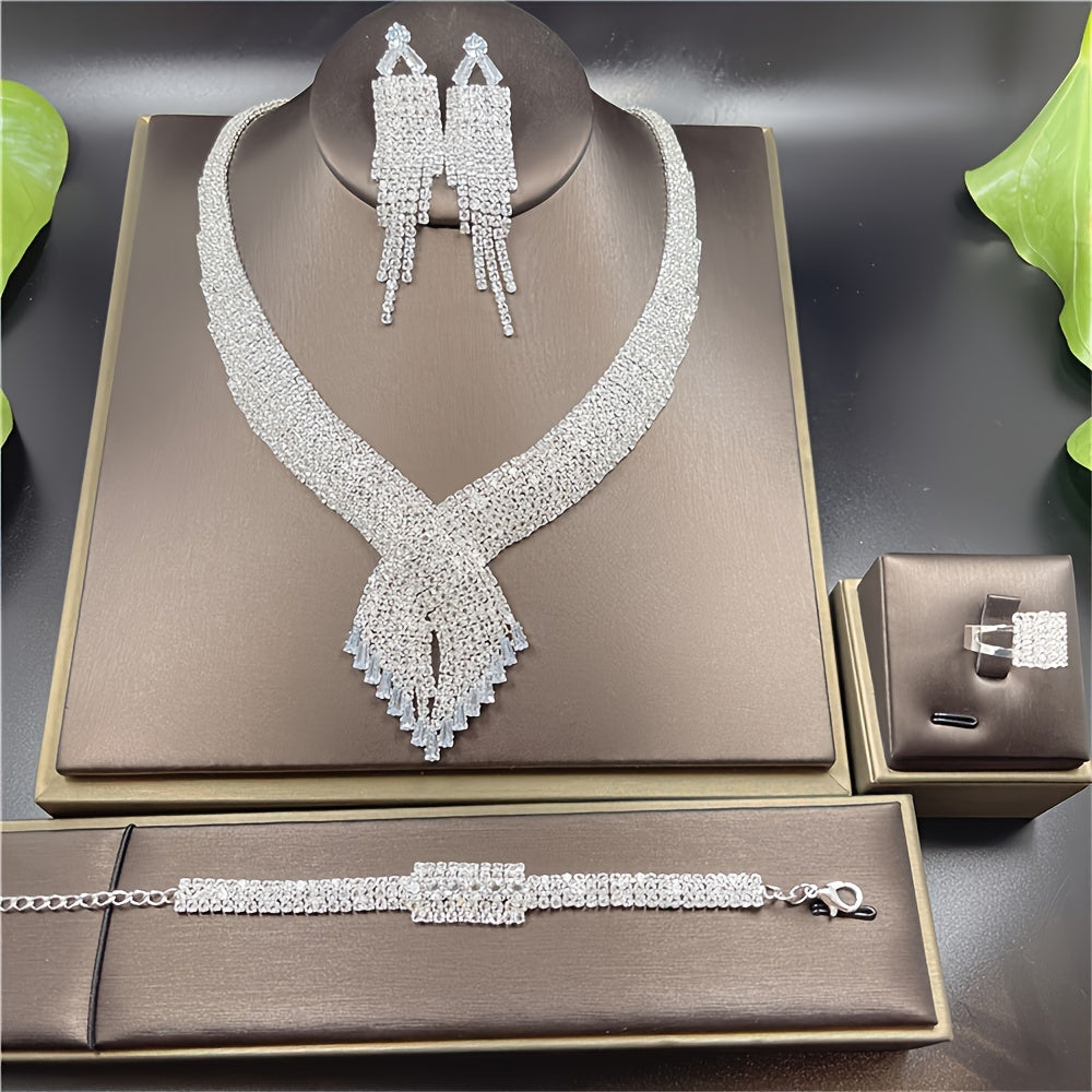 Sparkling Jewelry Set Artificial Crystal Rhinestone Decor Full Rhinestone Necklace Bracelet Ring And Earrings Set Party Banquet Bridal Wedding Jewelry Set Gifts For Eid