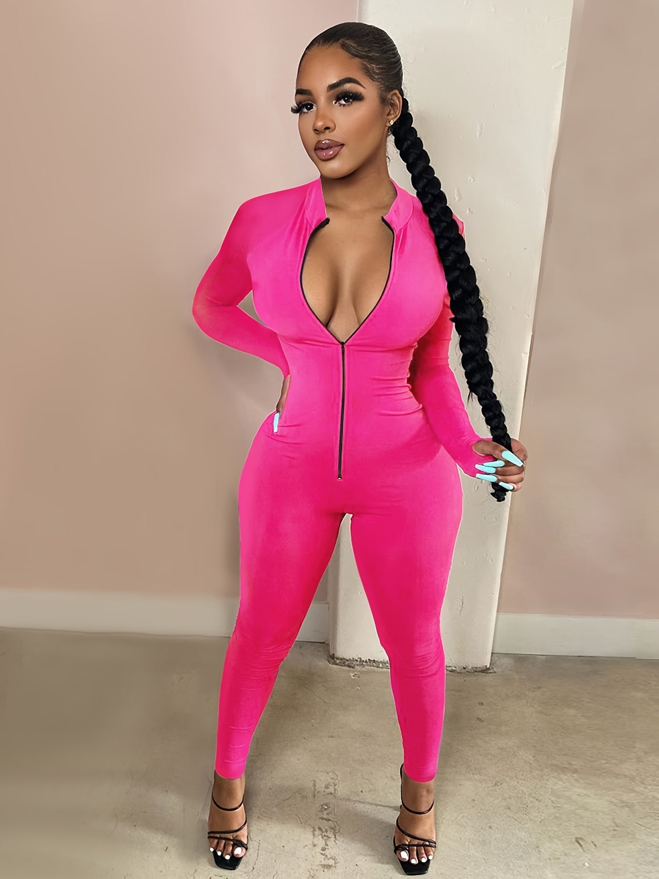 Women's Sexy Bodycon Zip Up Jumpsuit, Solid Long Sleeve Stretchy Jumpsuit, Women's Clothing