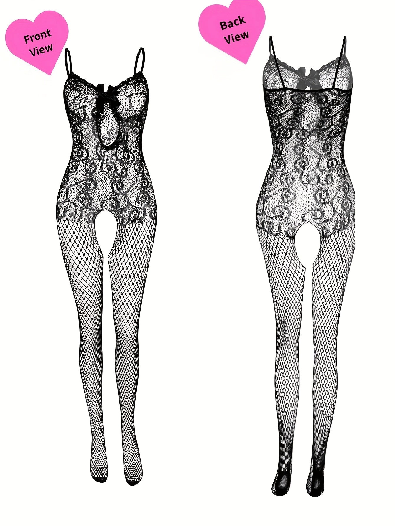 4pcs Women's Plus Sexy Lingerie Bodystockings, Plus Size Lace Fishnet Hollow Out Stretchy Open Crotch Nightwear Bodysuit For Romantic Date Wearing