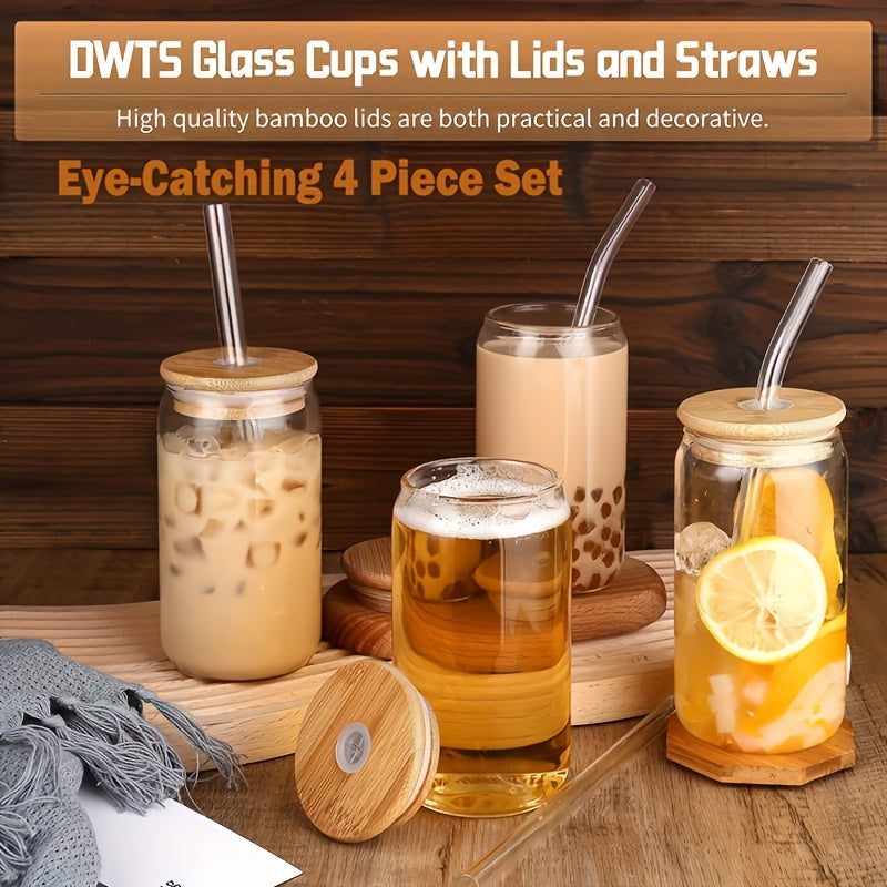 4Pcs Drinking Glasses with Bamboo Lids and Glass Straw - 16 Oz Can Shaped Glass Cups for Beer, Ice Coffee, Cute Tumbler Cup Great for Soda Boba Tea Cocktail Include 2 Cleaning Brushes