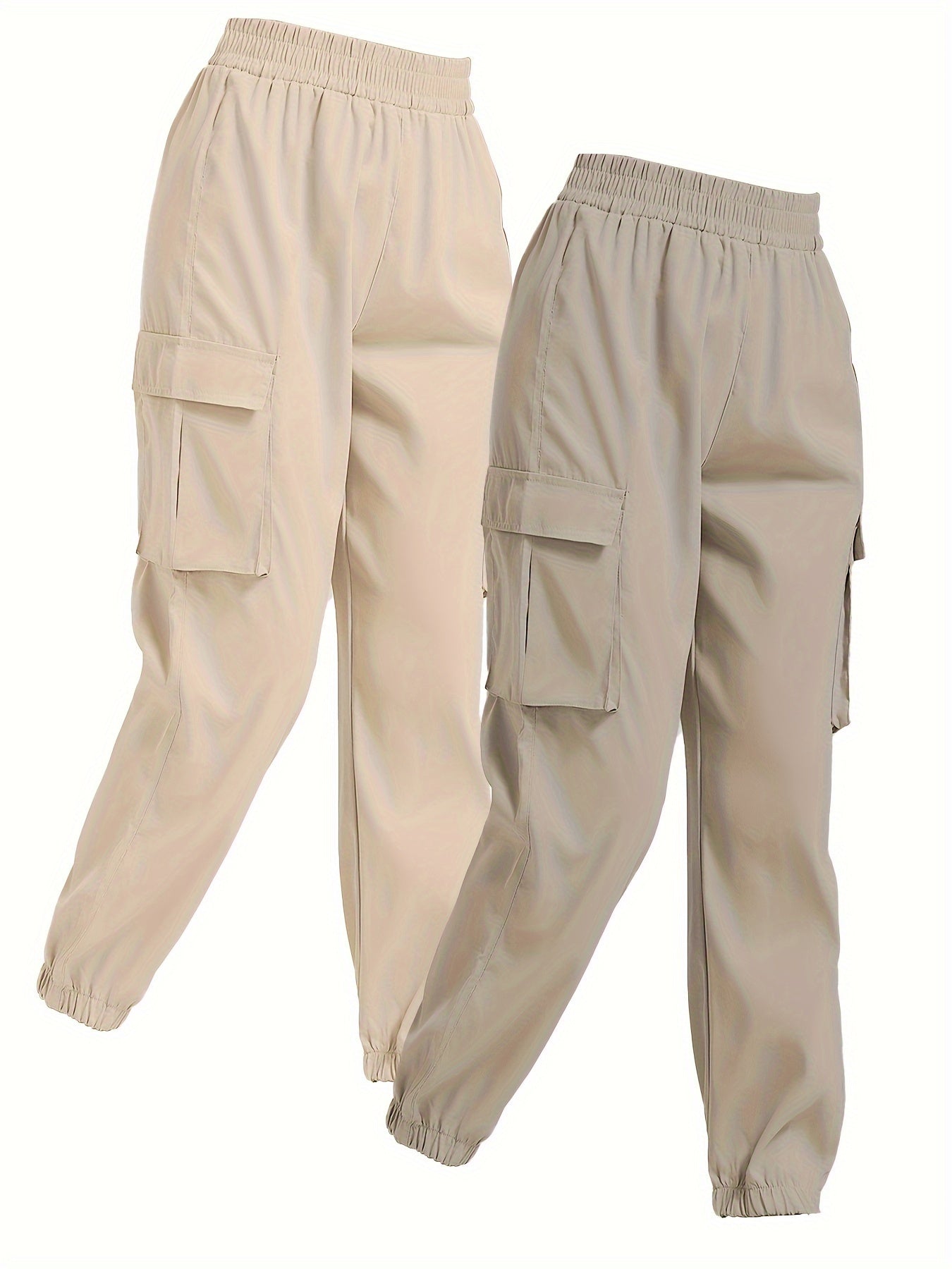 2 Pack Solid Jogger Cargo Pants, Casual Flap Pocket Elastic Waist Pants, Women's Clothing