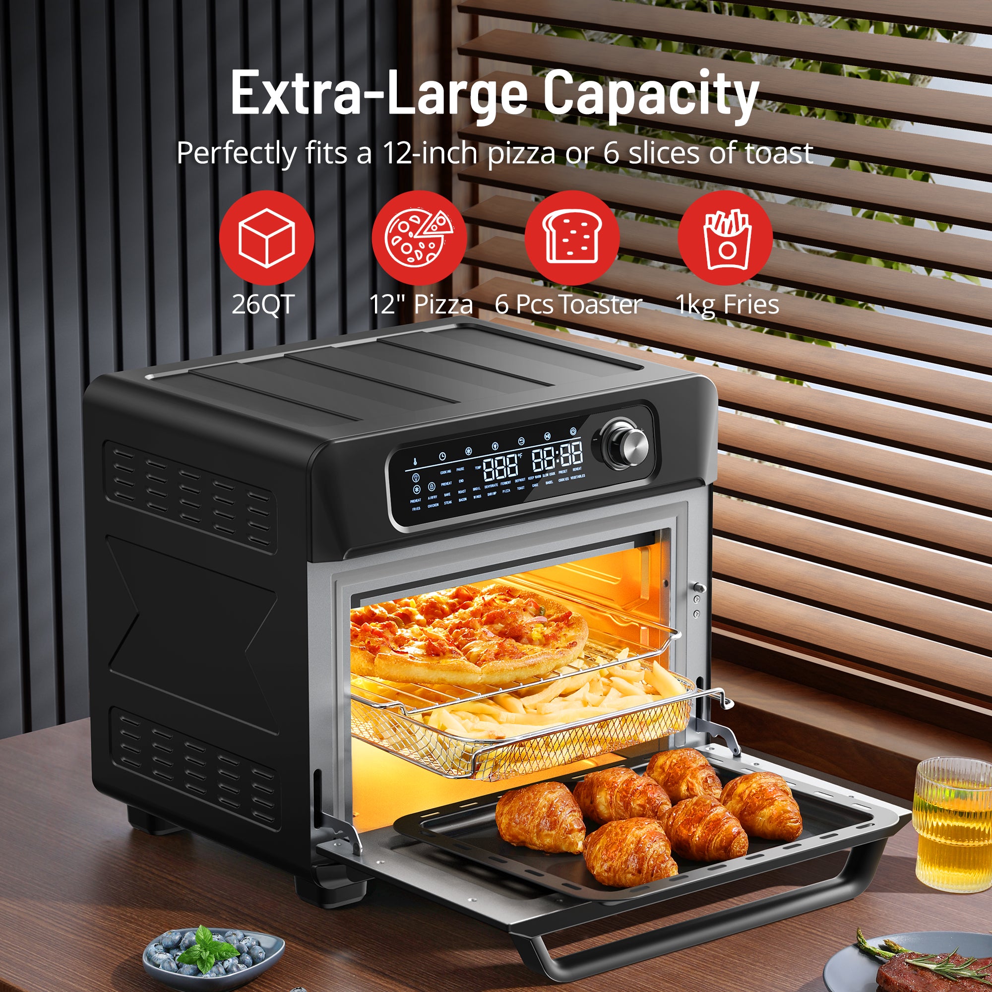 Paris Rhne Air Fryer Toaster Oven Combo 26.4QT Countertop Convection Ovens with 24 One-Touch Savable Custom Functions