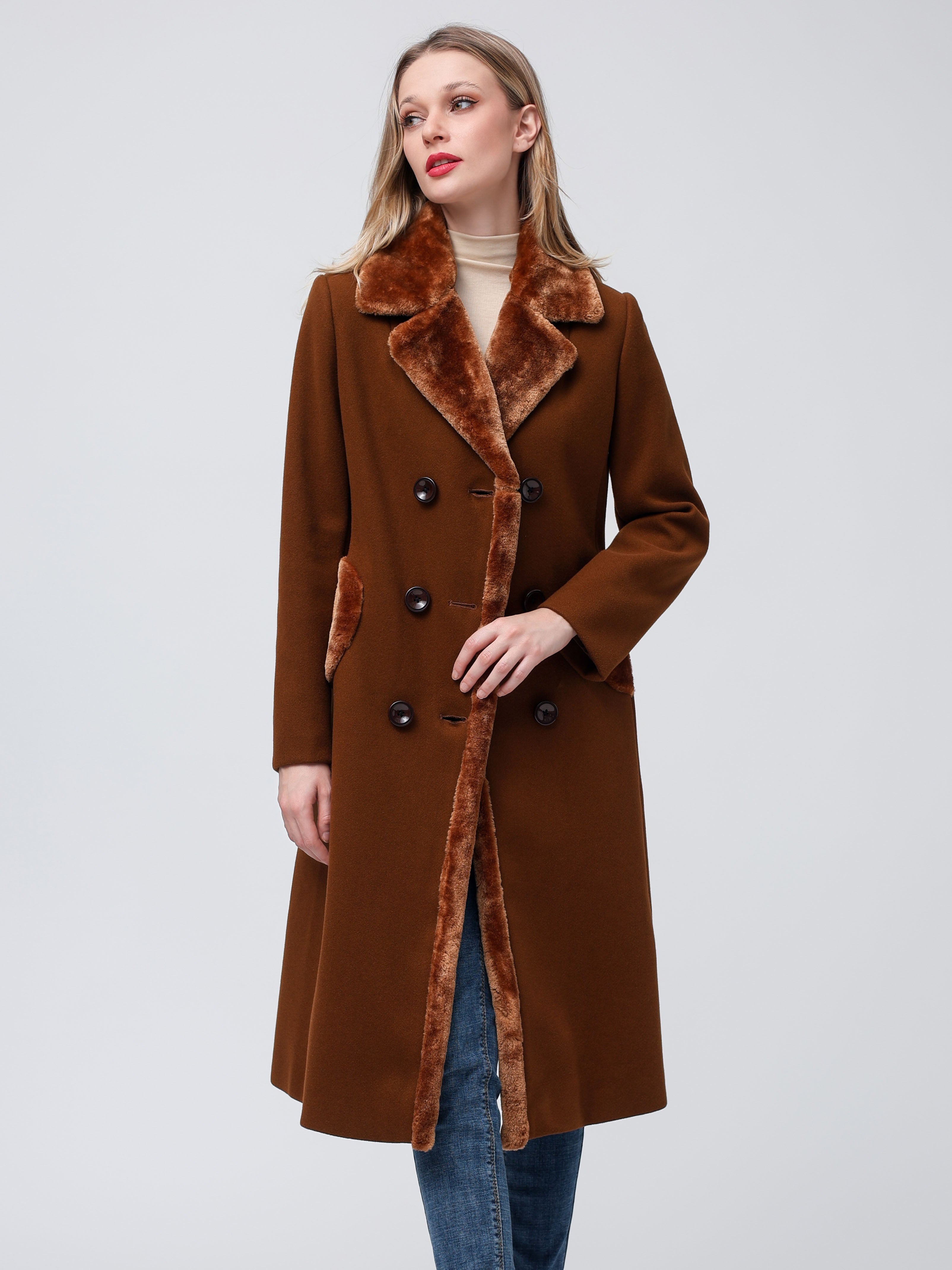 Women's Big Notch Lapel Double Breasted Mid-Long Wool Blend Coat Jackets