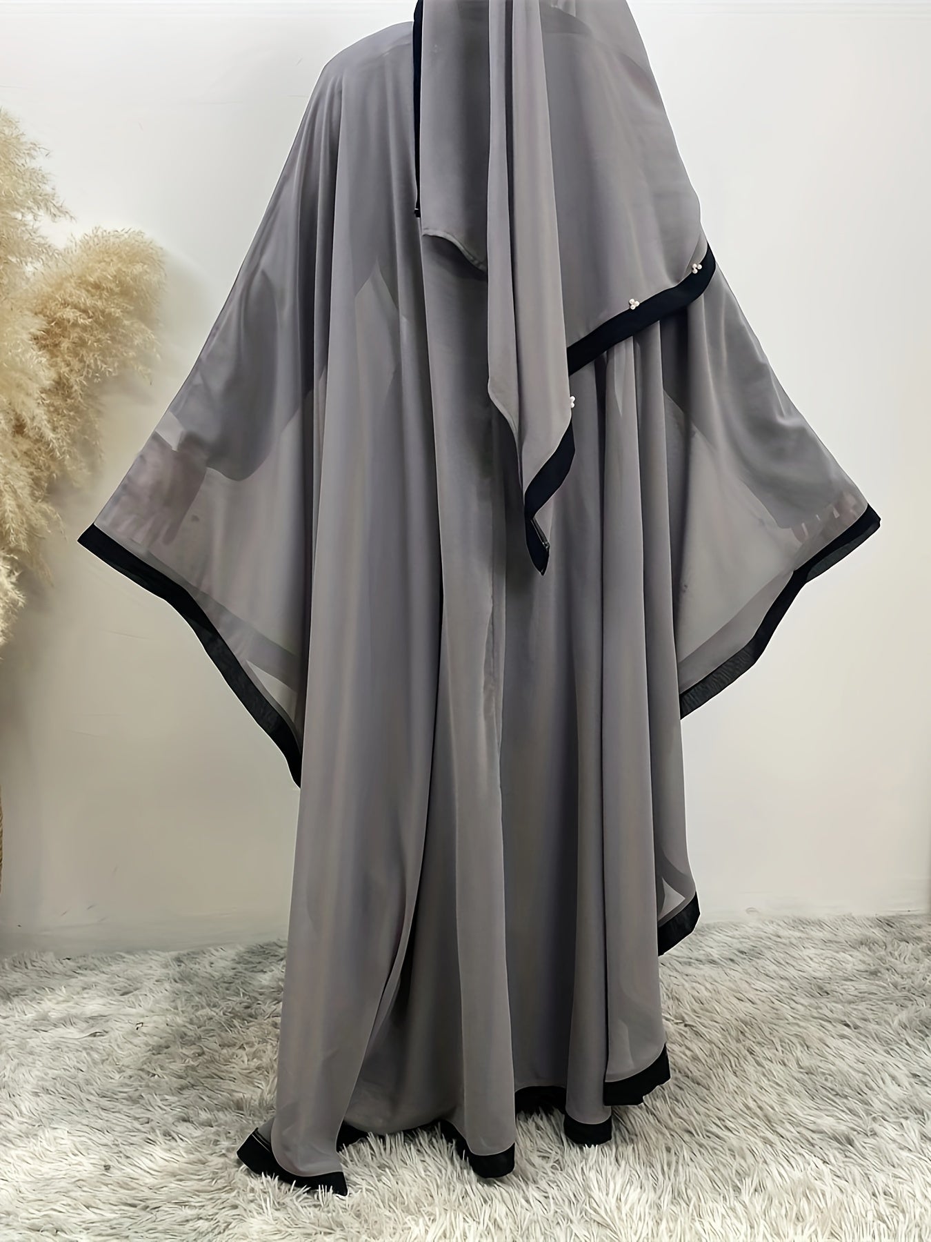 Beaded Contrast Trim Modest Dress, Elegant Batwing Sleeve Loose Maxi Dress With Hijab