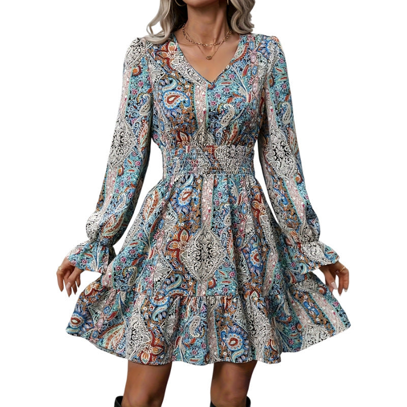 Women's Casual Printed V-neck Long Sleeved Dress