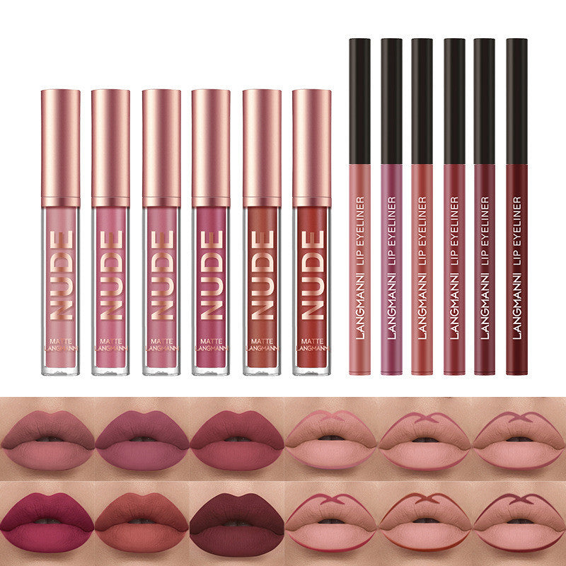 Lipliner und Lippenstift-Make-up, 12-teiliges Set, 6 matte Lippenstifte, 6 Lipliner-Stifte, wasserfest, langanhaltend, matter Lippenstift, Schönheitskosmetik, Make-up, Geschenk für Mädchen, Lippenstift-Set