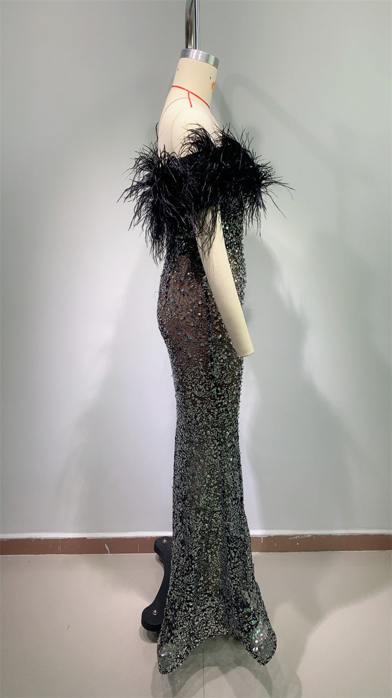 Luxury Feather Rhinestone V-neck Tube Top Sequins Dress