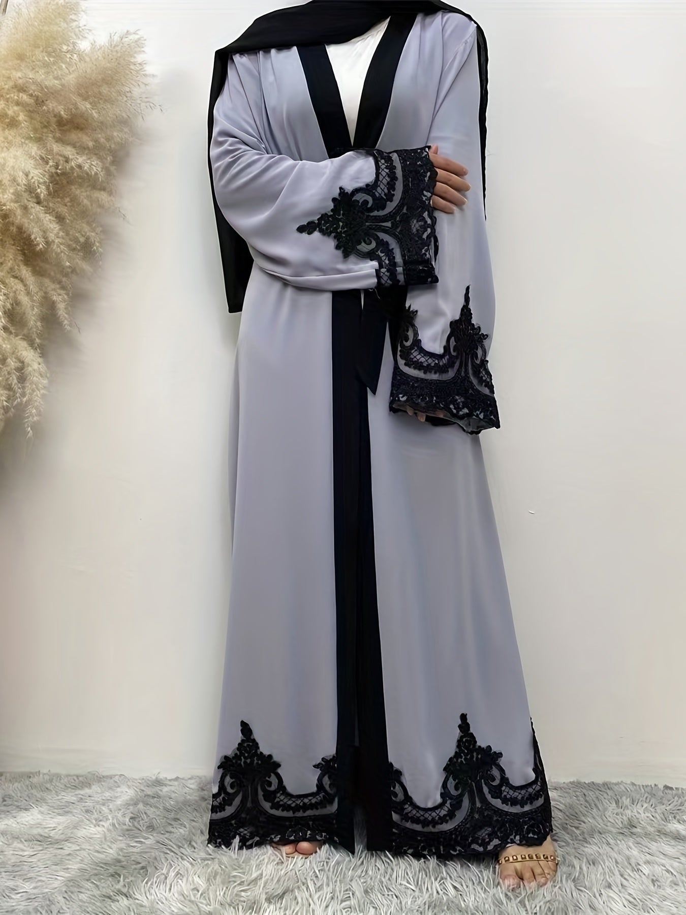 Contrast Lace abaya, Elegant Open Front Long Sleeve Maxi Modest abaya