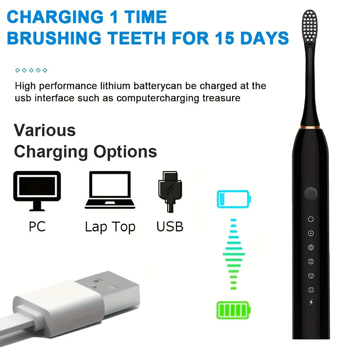 Electric Toothbrush With 6 Modes And A Smart Timer, Suitable For Both Men And Women, Rechargeable USB Electric Toothbrush, Oral Hygiene, 4/8 Replacement Heads, Sensitive Gums And Teeth Special Soft Toothbrush