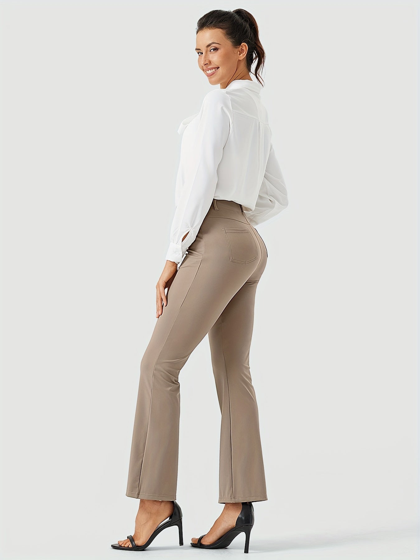 Women's Yoga Dress Work Pants Lightweight Slacks Stretch Casual Office Flare Pants Wide Leg With Belt Loops 4 Pockets