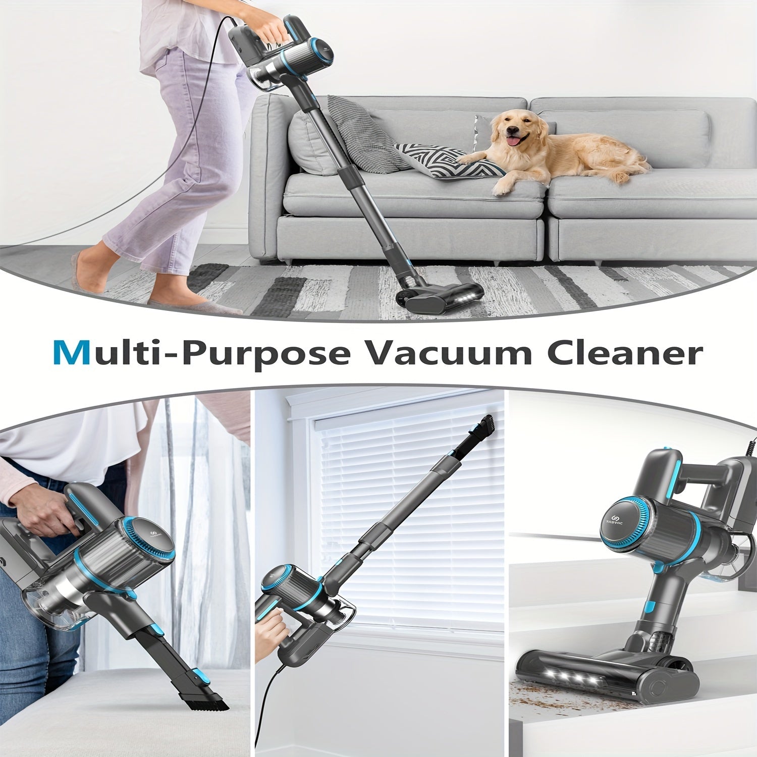 TASVAC Corded Stick Vacuum, 26Kpa 600W Powerful Suction Vacuum Cleaner with LED Floor Head