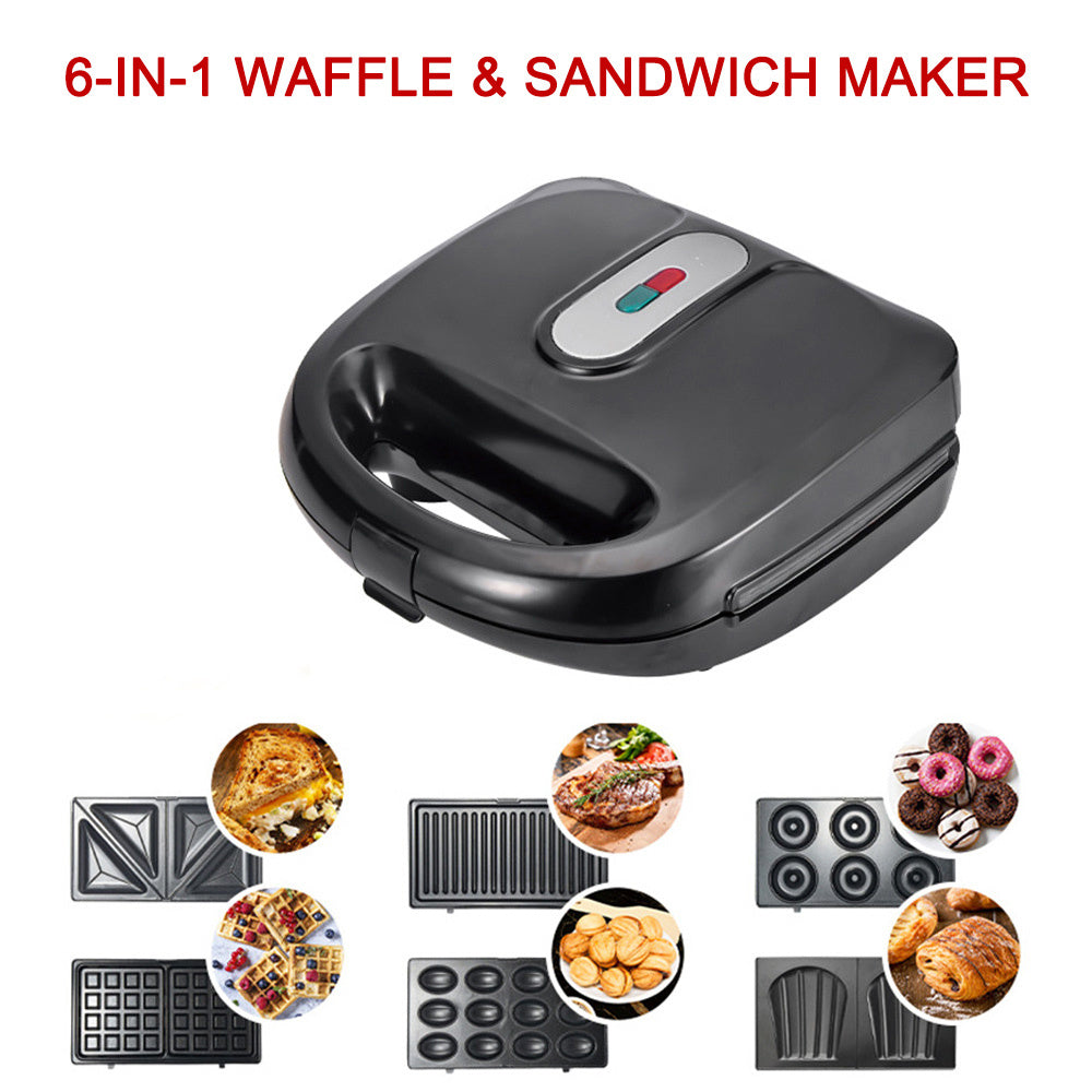 6-in-1 Waffeleisen EU Stecker Sandwichmaker Grill Frühstücksmaker Donut Kuchenmaker Kompakte Küche Esszimmer Küche Zubehör