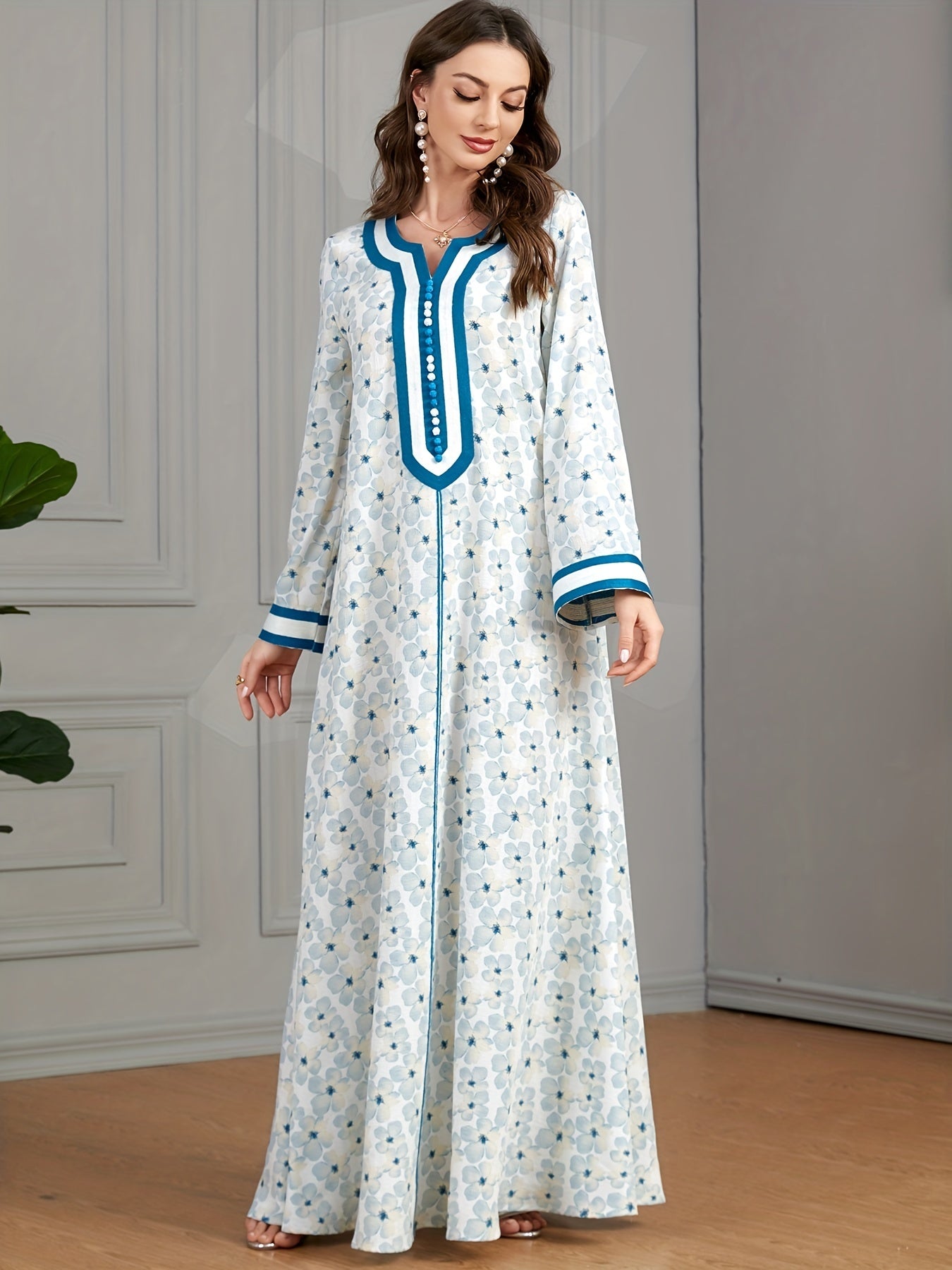 Ramadan Floral Print Contrast Trim Kaftan Dress