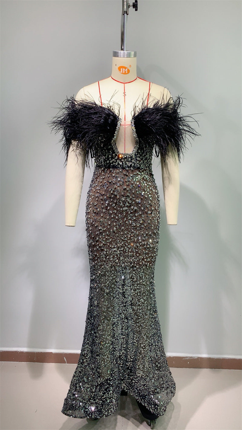 Luxury Feather Rhinestone V-neck Tube Top Sequins Dress