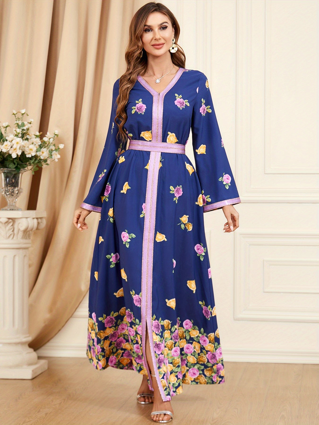 Floral Print V-neck Kaftan Dress, Elegant Contrast Trim Maxi Length Dress