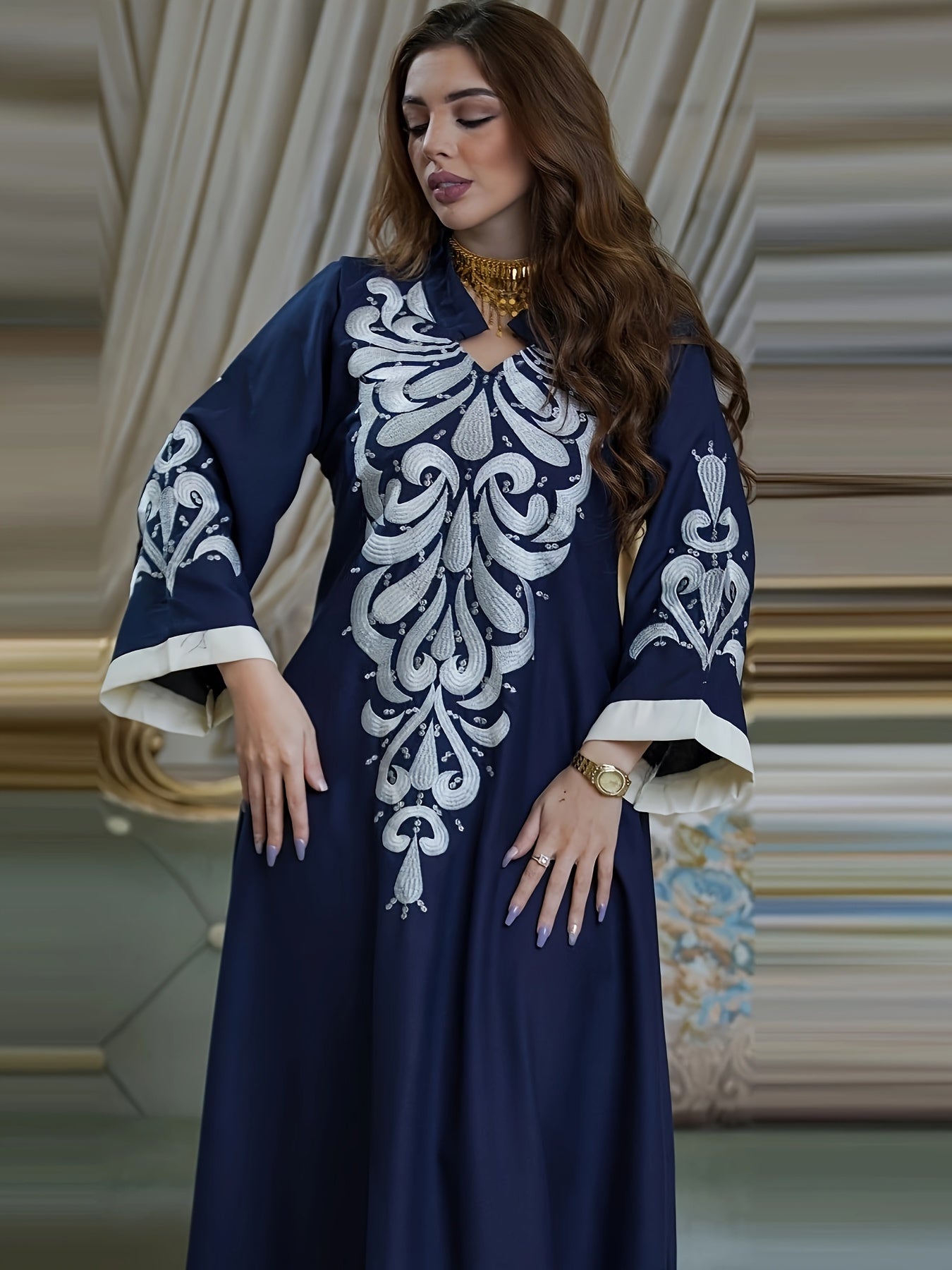 Floral Embroidered Flare Long Sleeve Modest Dress, Elegant V-neck Waist Contrast Trim Maxi Dress