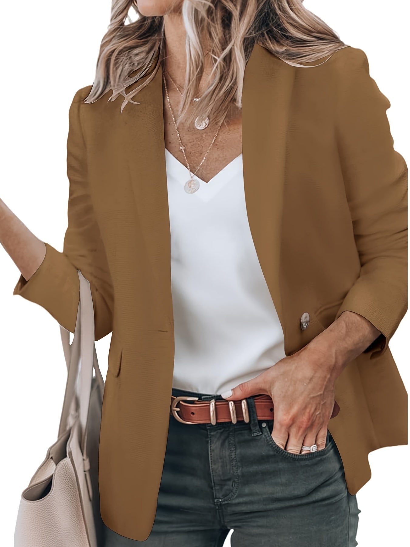 Single Button Lapel Neck Blazer, Casual Long Sleeve Work Office Blazer With Pocket, Women's Clothing