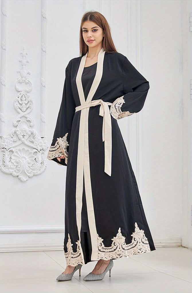 Contrast Lace Open Front Kaftan, Elegant Long Sleeve Maxi Dress