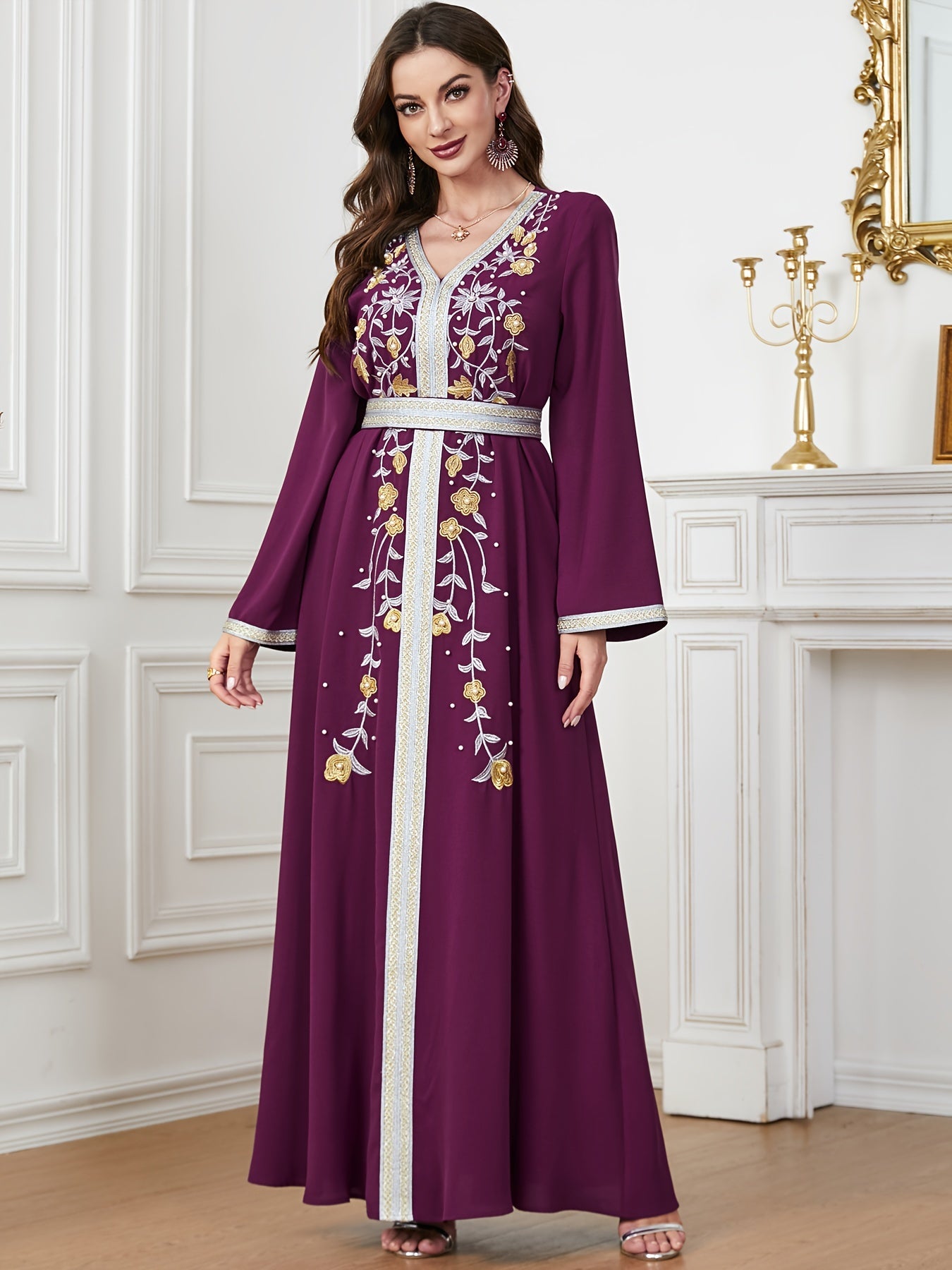 Floral Pattern V Neck Kaftan, Elegant Long Sleeve Belted Maxi Dress