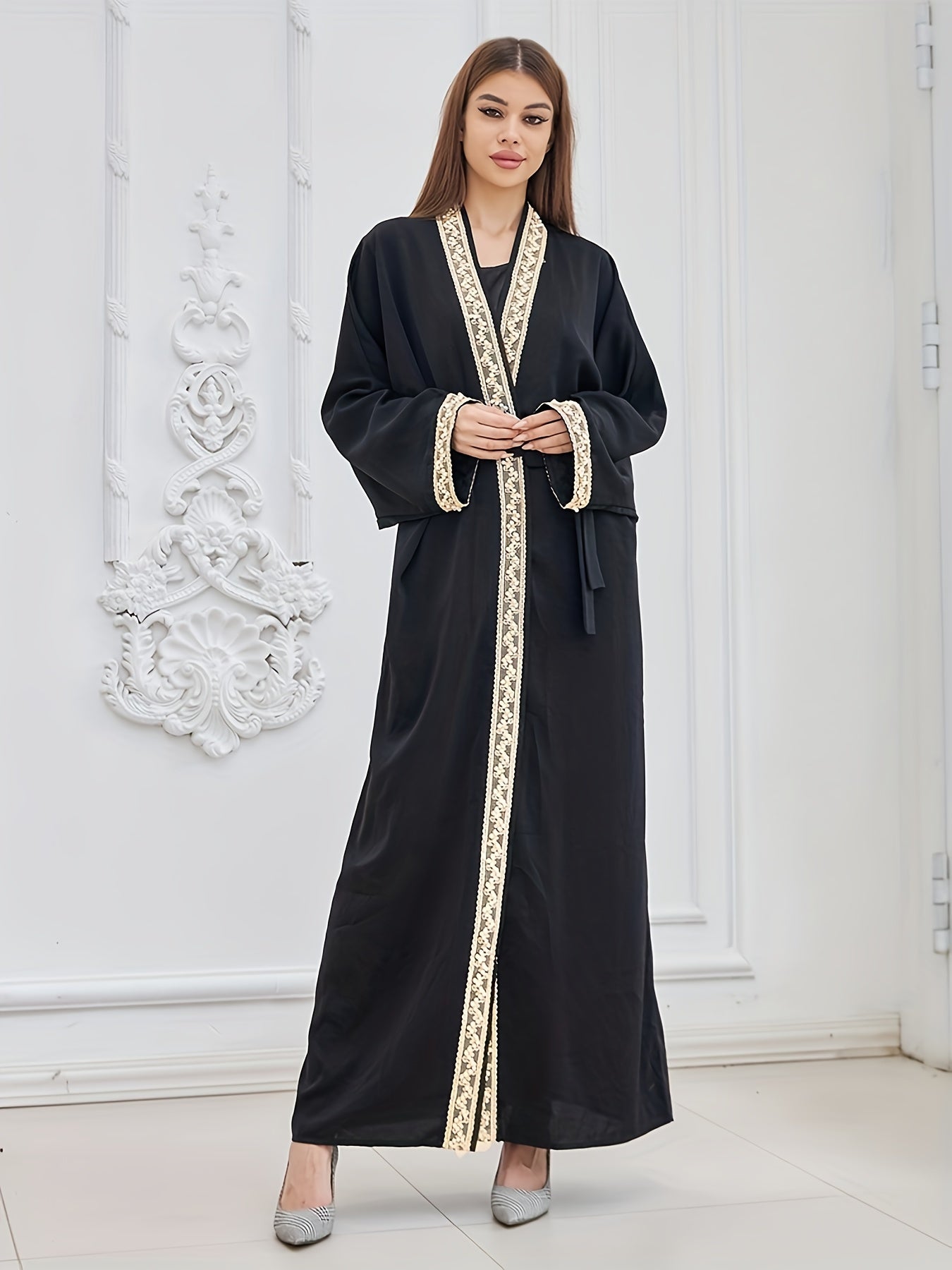 Contrast Trim Beaded Abaya, Elegant Batwing Sleeve Loose Maxi Belted Dress