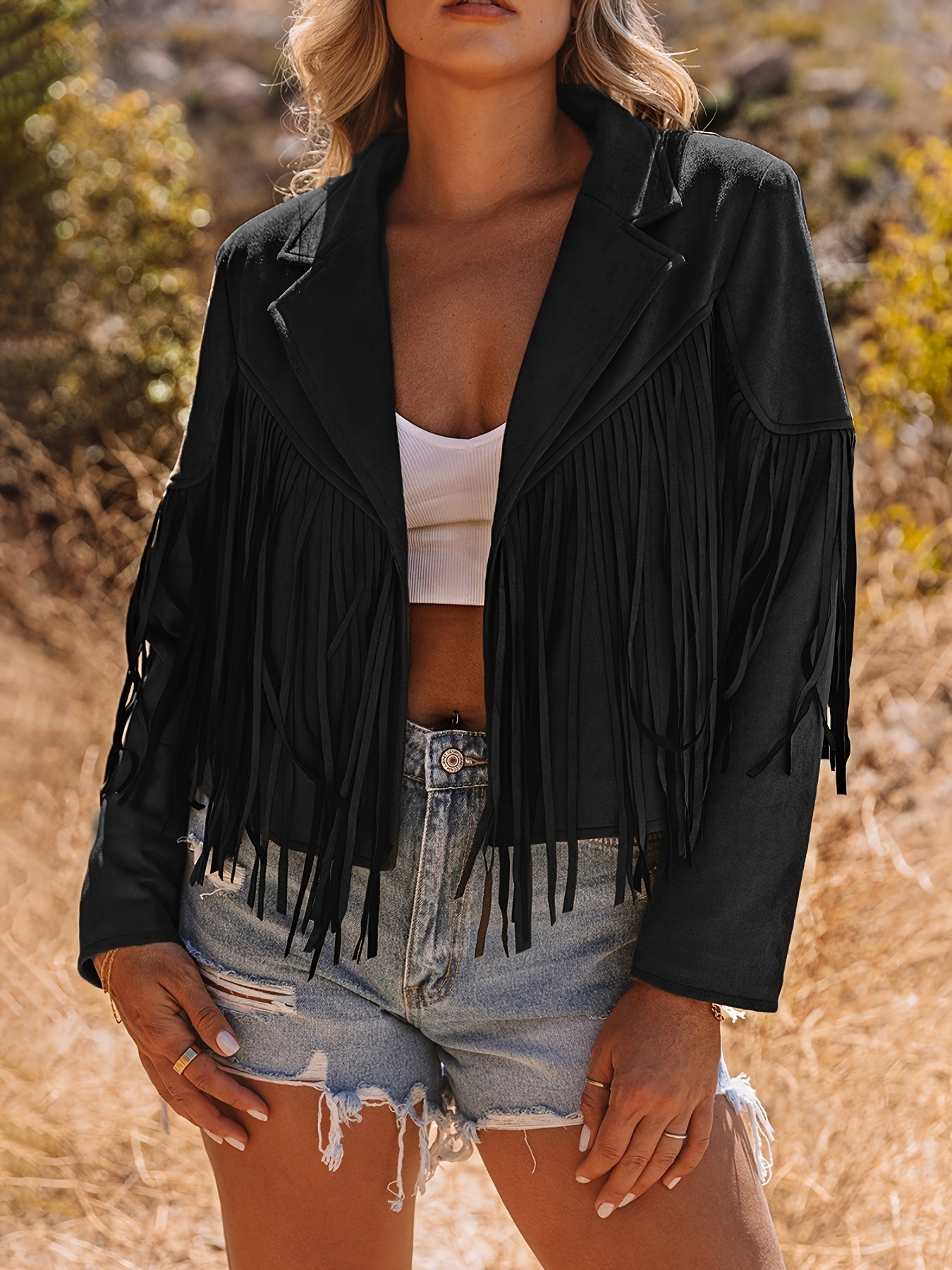 Cropped Fringe Suede Faux Leather Motorcycle Jacket, Fashion Tassel Lightweight Solid Jacket, Women's Clothing