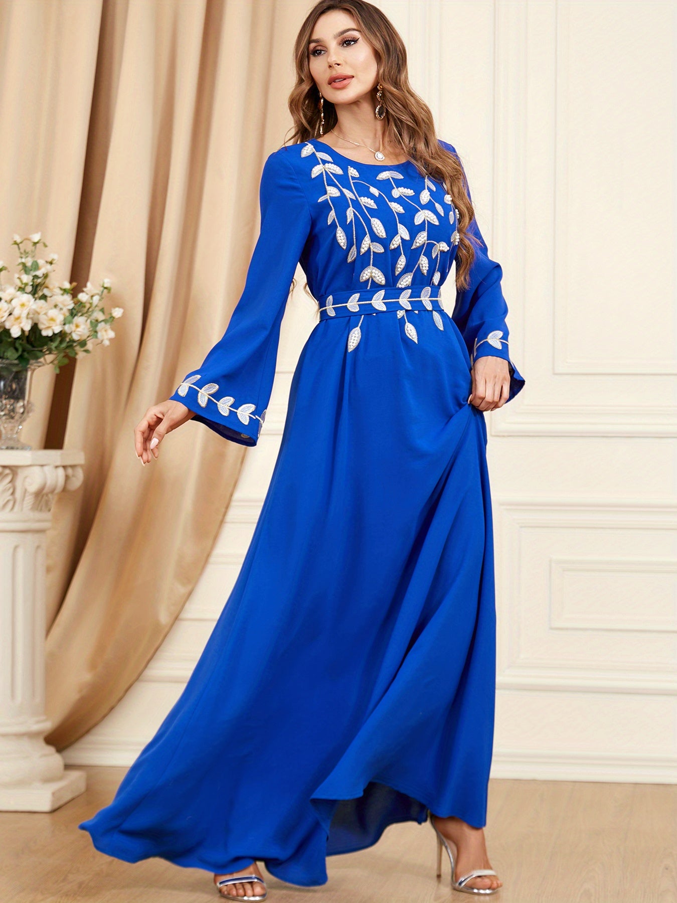 Crew Neck Embroidery Kaftan Dress, Elegant Tie-waist Long Sleeve Maxi Length Dress