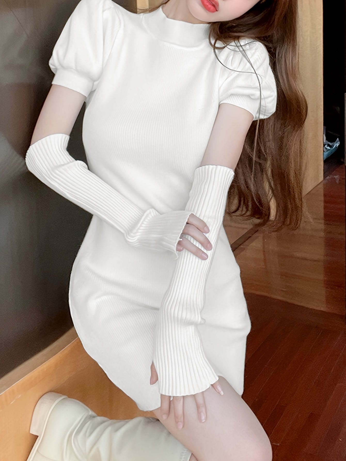 Ribbed Solid Mini Dress, Elegant Mock Neck Dress For Party & Banquet, Women's Clothing