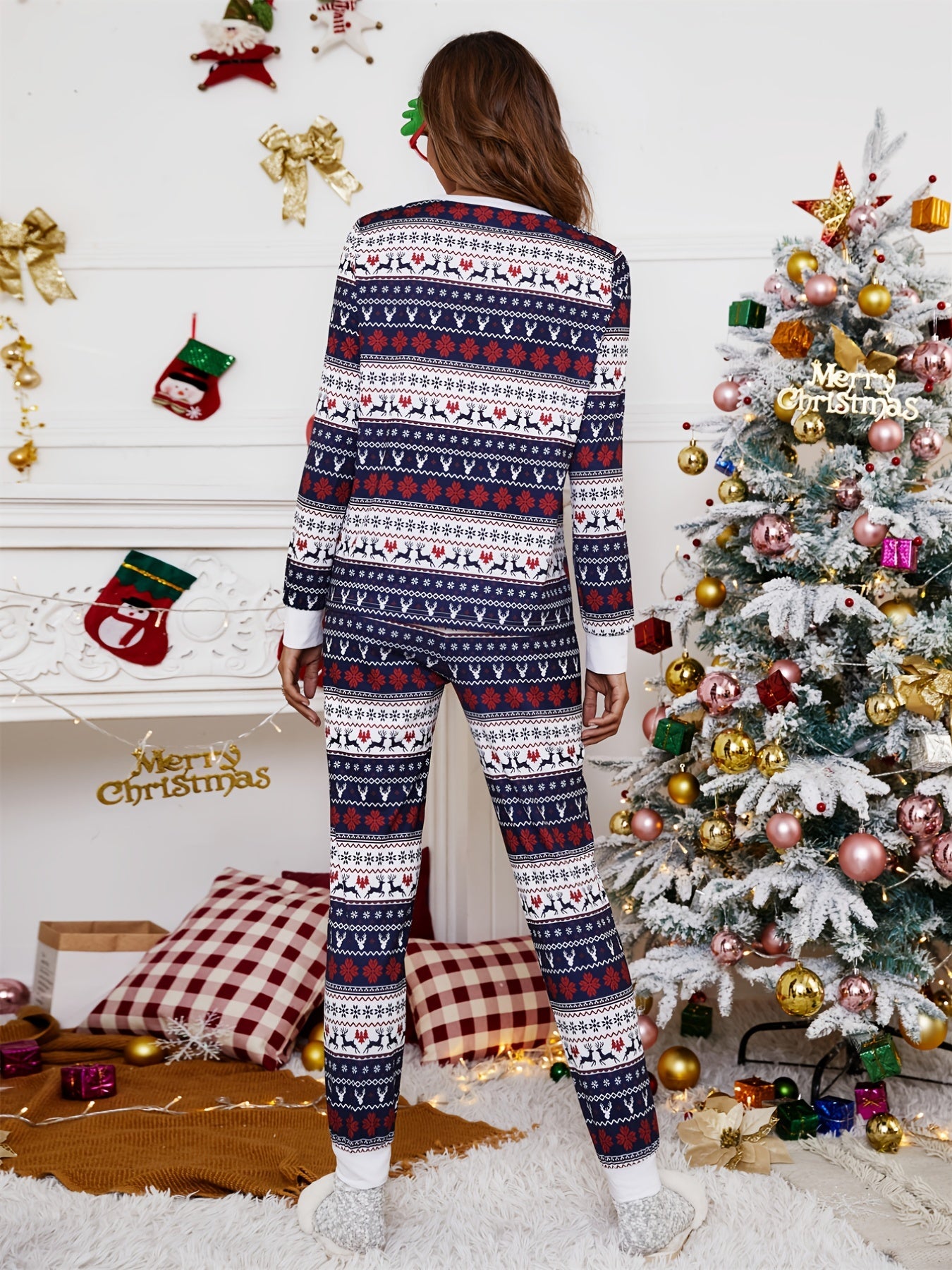 Christmas Graphic Print Two-piece Set, Crew Neck Long Sleeve Tops & Long Length Pants Outfits, Women's Clothing