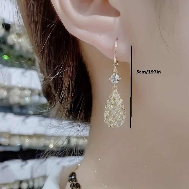 Golden Rhinestone Water Drop Dangle Earrings Elegant Light Luxury Ear Jewelry